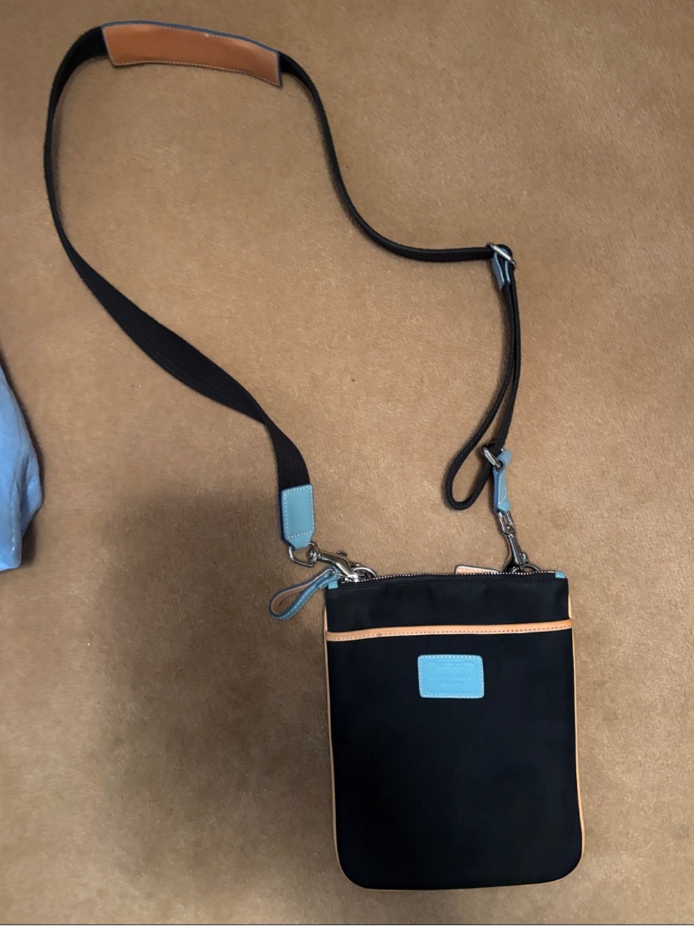 Coach Black Crossbody with Tan Trim and Light Blue Accents - Picture 4 of 9